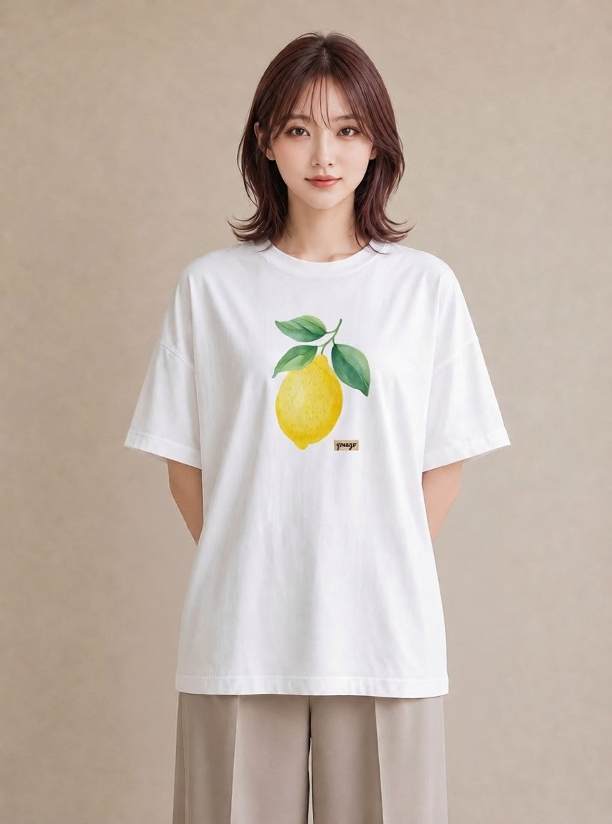 Tシャツ レディース レモン 檸檬 食べ物 フード イラスト アート風 デイリーウェア 休日 白T YMAZO