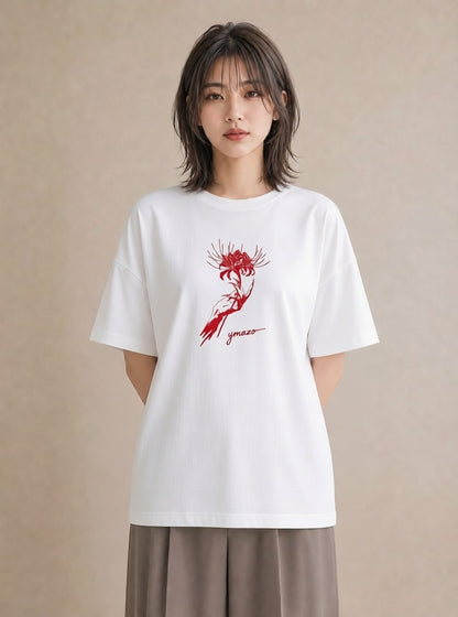 プリントTシャツ レディース 彼岸花 花 花柄 イラスト カジュアル クリスマス 旅行 白T YMAZO