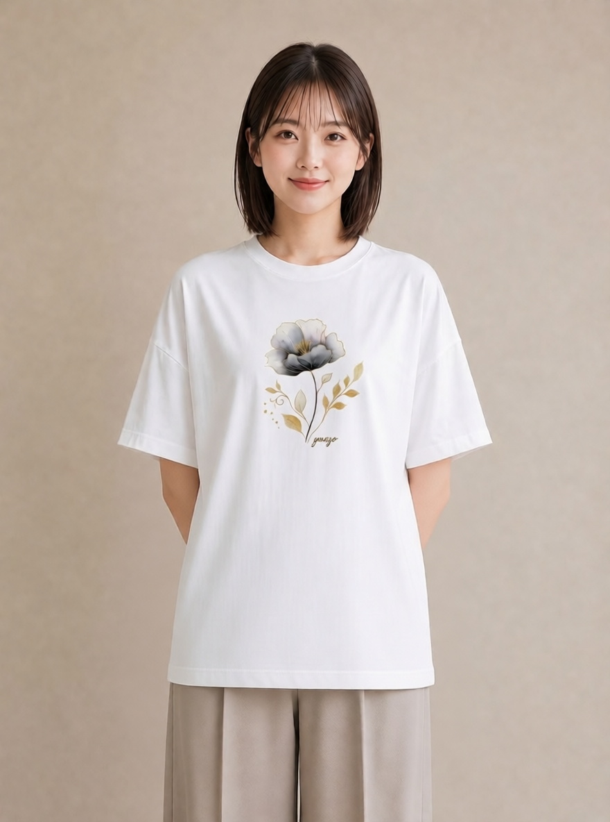 プリントTシャツ レディース 蓮 花 花柄 イラスト シック ラフ レイヤード 白T