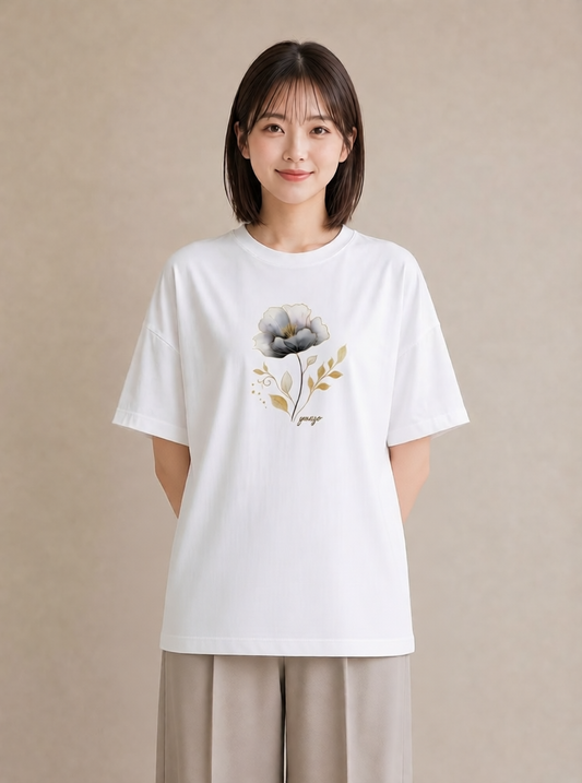 プリントTシャツ レディース 蓮 花 花柄 イラスト シック ラフ レイヤード 白T YMAZO