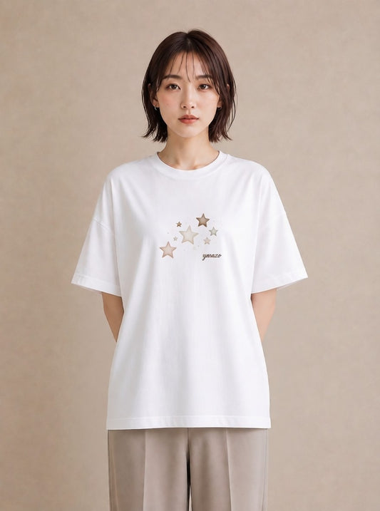 Tシャツ レディース 星 星空 宇宙 イラスト ニュアンス 普段着 週末コーデ 白T YMAZO