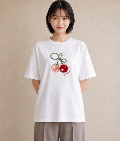 デザインTシャツ レディース りんご 林檎 アップル 食べ物 フード イラスト デイリーウェア 休日 白T YMAZO