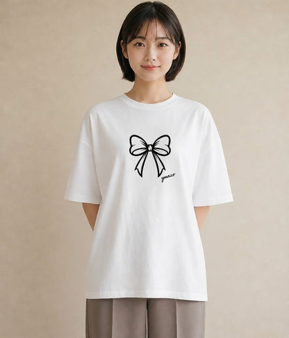 Tシャツ レディース リボン ボウ りぼん イラスト こなれ感 親子 20代 白T YMAZO