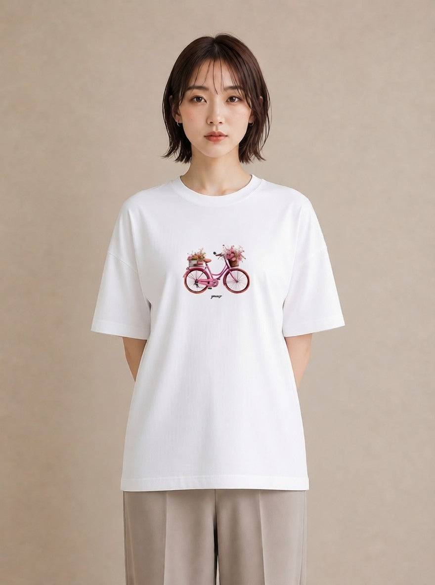 デザインTシャツ レディース 自転車のかご 自転車 花かご ナチュラル アンティーク イラスト きれいめ 在宅 公園 白T YMAZO