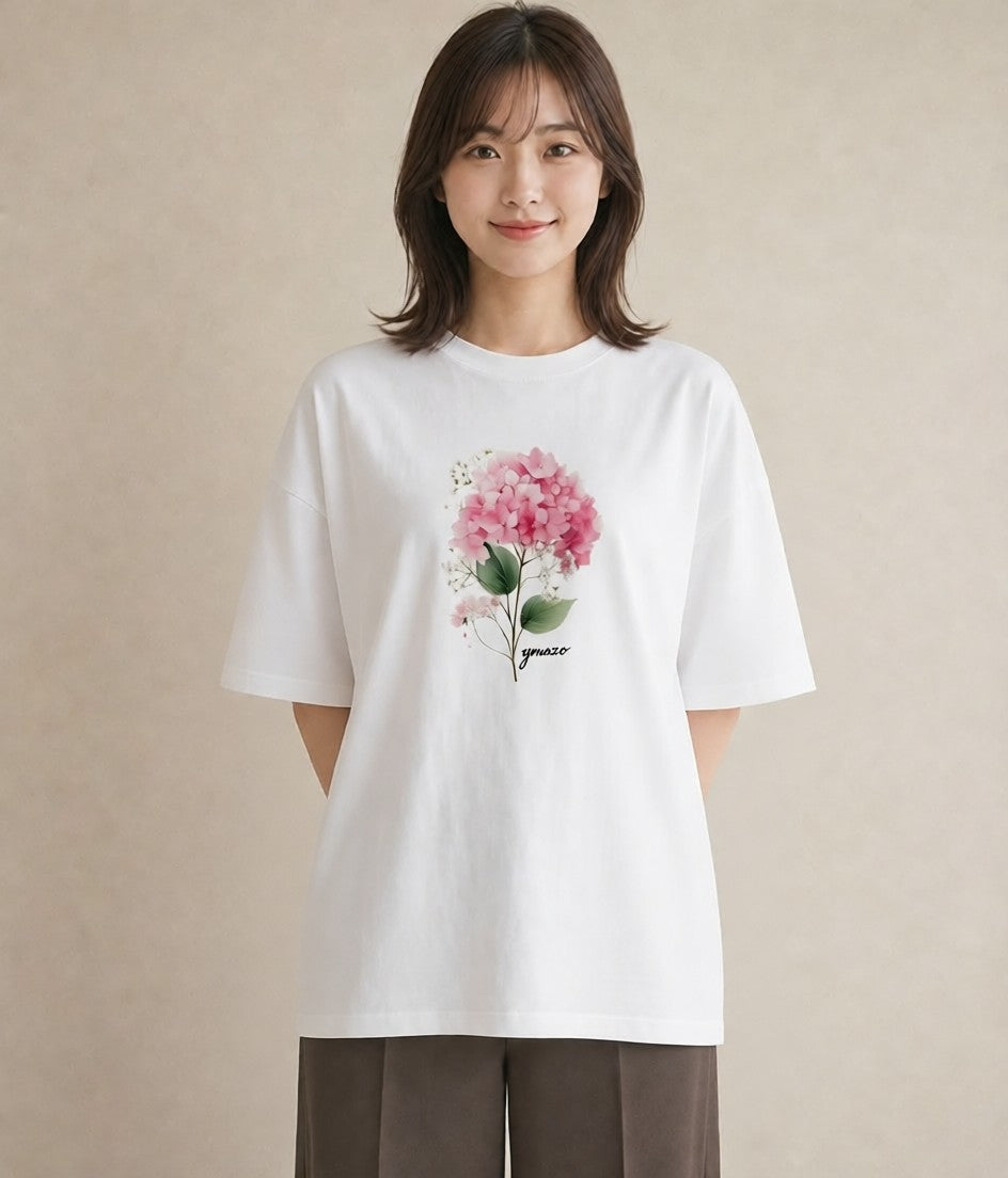 半袖Tシャツ レディース あじさい 紫陽花 アジサイ 花 花柄 イラスト シック 夏コーデ 通学 白T YMAZO