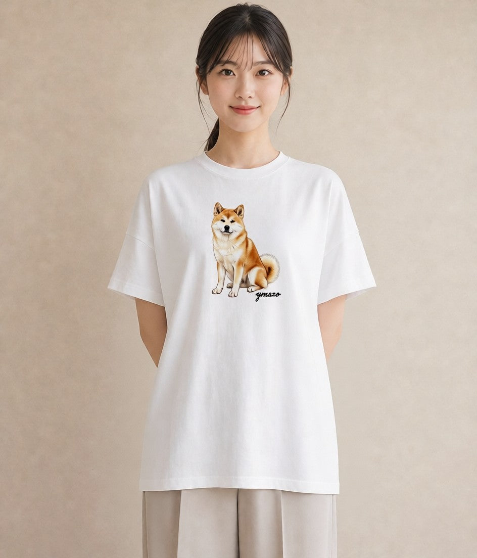 半袖Tシャツ レディース 秋田犬 犬 いぬ イラスト カフェコーデ ミセス 春コーデ 白T YMAZO