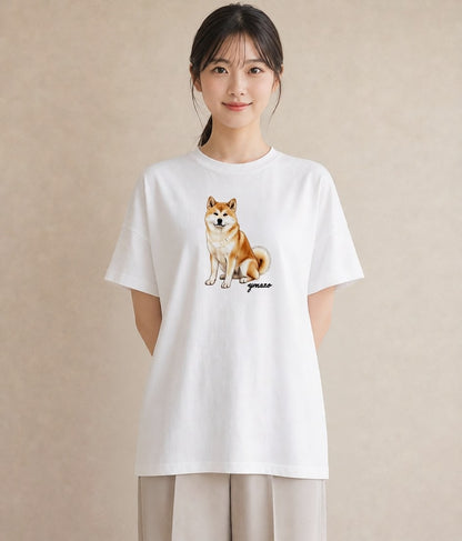 半袖Tシャツ レディース 秋田犬 犬 いぬ イラスト カフェコーデ ミセス 春コーデ 白T YMAZO