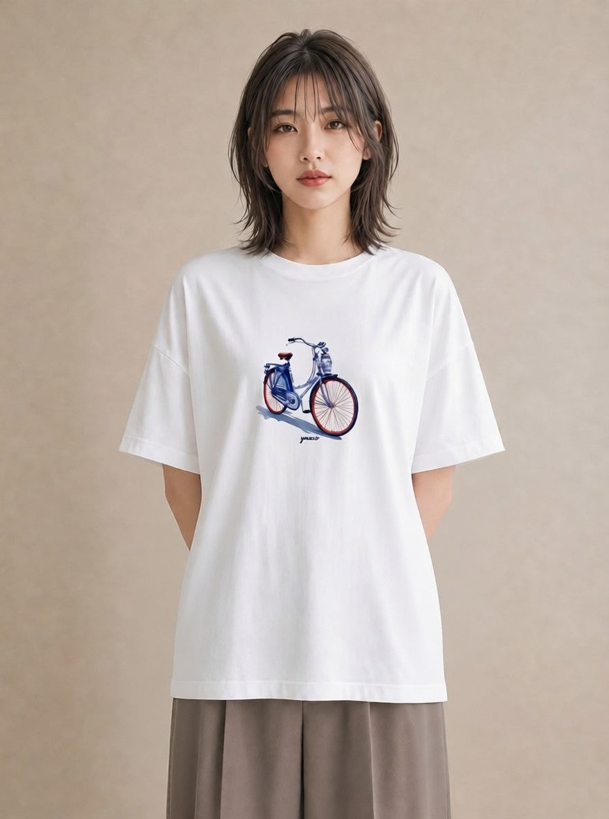 グラフィックTシャツ レディース 自転車のかご 自転車 花かご ナチュラル アンティーク イラスト お洒落 通学 誕生日プレゼント 白T YMAZO