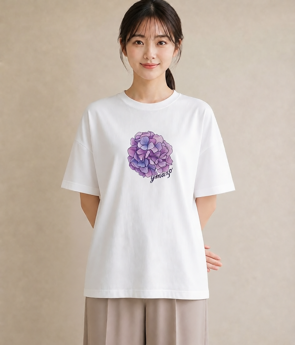 プリントTシャツ レディース あじさい 紫陽花 アジサイ 花 花柄 イラスト ナチュラル 女性 旅行用 白T YMAZO