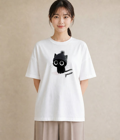 プリントTシャツ レディース 黒猫 猫 ねこ イラスト アート風 通勤 在宅 白T YMAZO