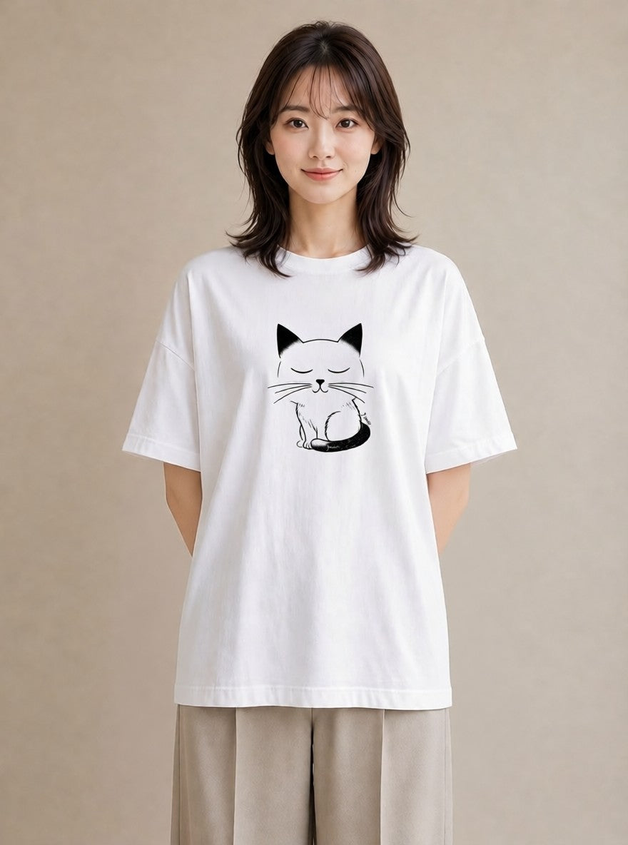 デザインTシャツ レディース 猫 ねこ ネコ イラスト デイリーウェア 休日 白T YMAZO