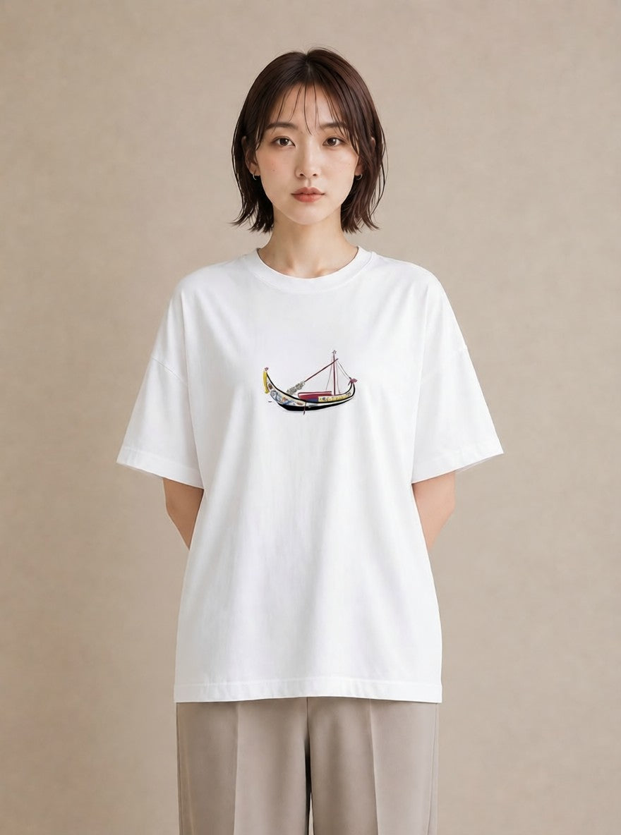 グラフィックTシャツ レディース 桟橋 水辺 波止場 ナチュラル アンティーク イラスト 買い物 夏コーデ 白T YMAZO