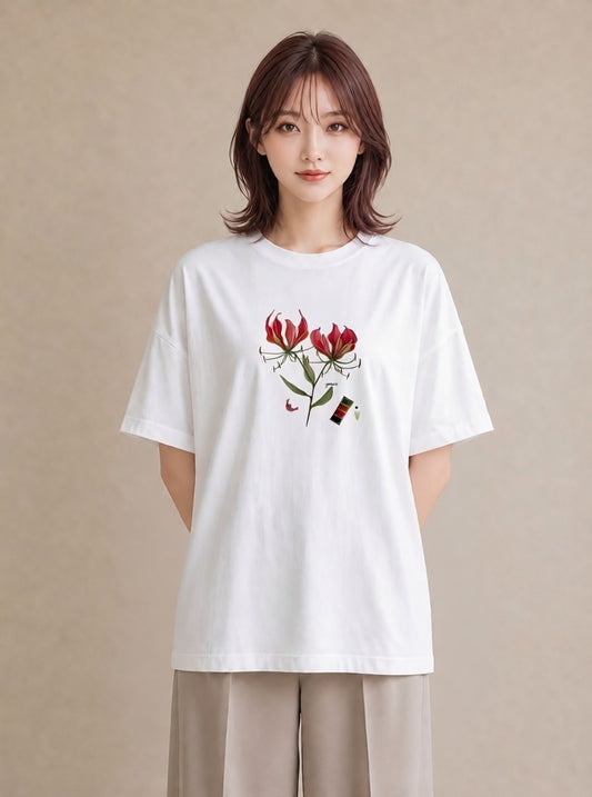 グラフィックTシャツ レディース 彼岸花 花 花柄 イラスト こなれ感 普段着 週末コーデ 白T YMAZO