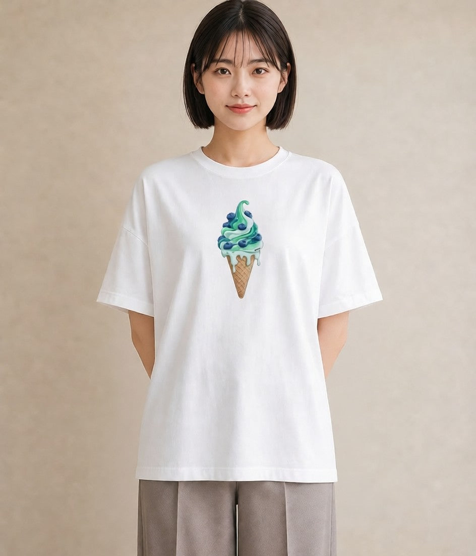 デザインTシャツ レディース ソフトクリーム 食べ物 フード イラスト レトロ 自分用 ルームウェア 白T YMAZO