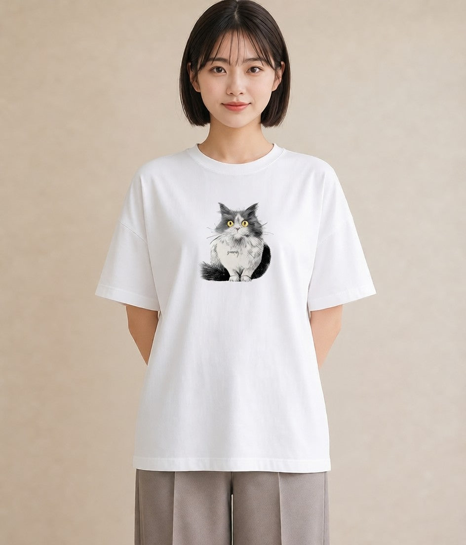 Tシャツ レディース ペルシャ 猫 ねこ イラスト 北欧風 買い物 夏コーデ 白T YMAZO