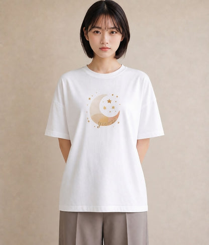 プリントTシャツ レディース 満月 星空 宇宙 イラスト ゆるかわ 春コーデ 姉妹 白T YMAZO