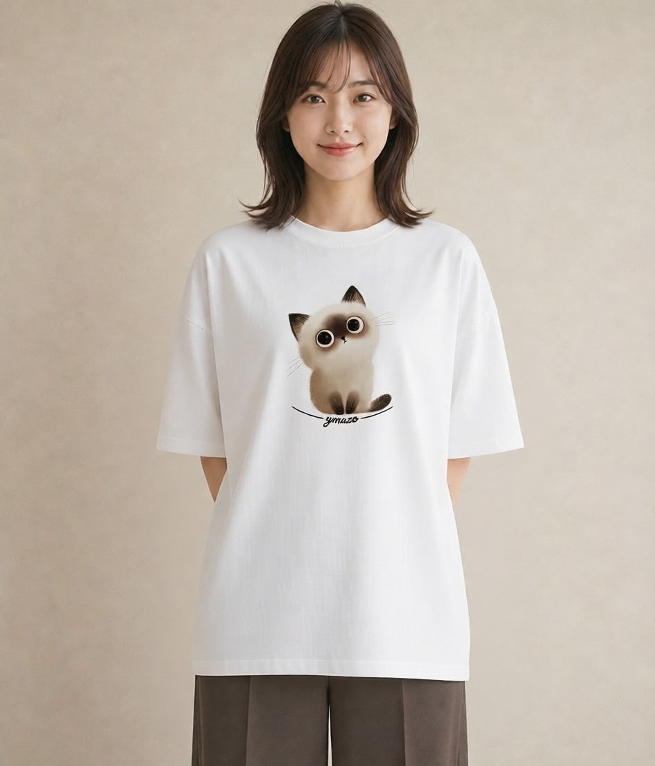 グラフィックTシャツ レディース スコティッシュフォールド 猫 ねこ イラスト シンプル ホワイトデー 春服 白T YMAZO