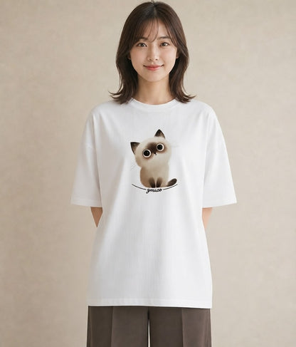 グラフィックTシャツ レディース スコティッシュフォールド 猫 ねこ イラスト シンプル ホワイトデー 春服 白T YMAZO