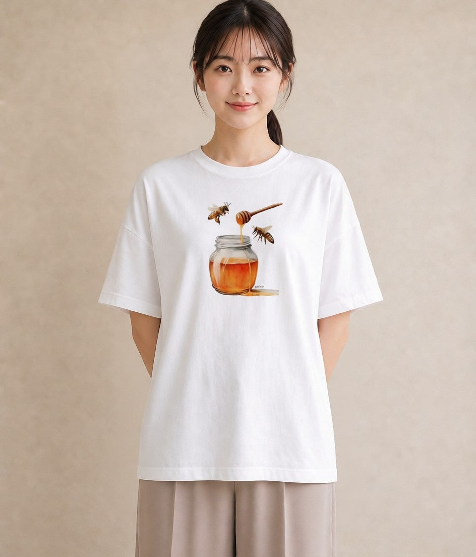 半袖Tシャツ レディース みつばち 昆虫 虫 イラスト ラフカジュアル 女性 旅行用 白T YMAZO