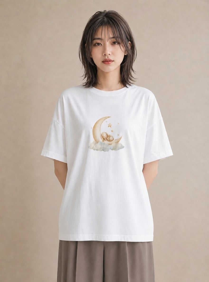 半袖Tシャツ レディース 三日月 星空 宇宙 イラスト 旅行コーデ 送別ギフト 通勤 白T YMAZO