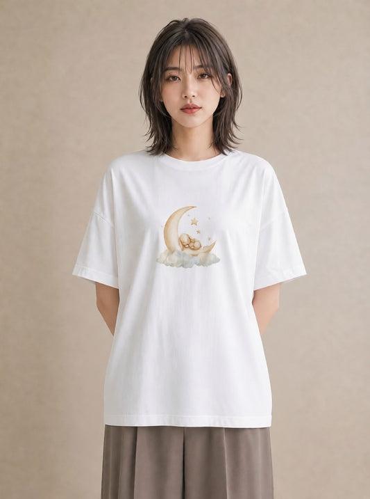 半袖Tシャツ レディース 三日月 星空 宇宙 イラスト 旅行コーデ 送別ギフト 通勤 白T YMAZO