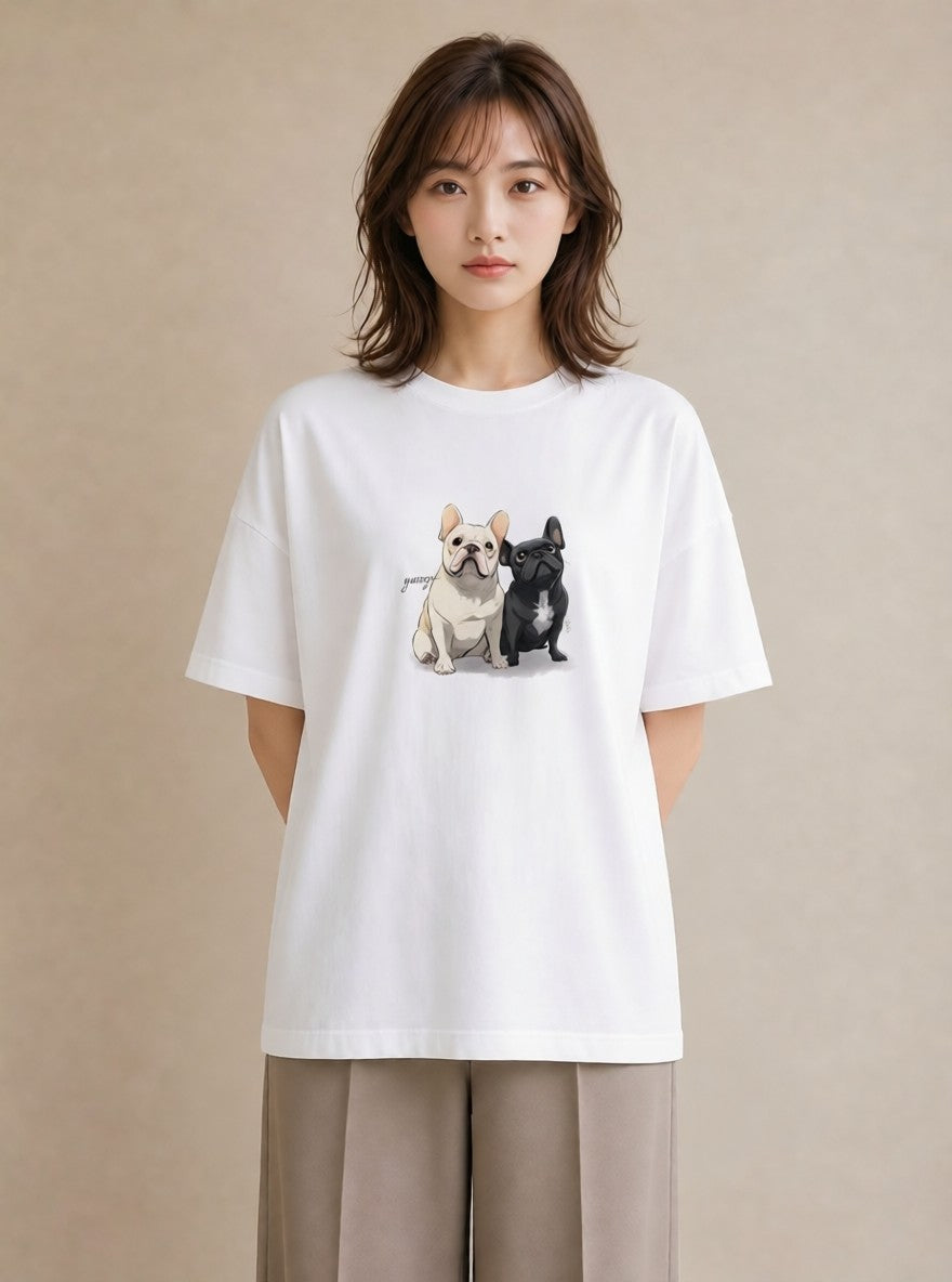 グラフィックTシャツ レディース フレンチブルドッグ フレブル 犬 いぬ イラスト 韓国風 カフェ巡り 女子会 白T YMAZO