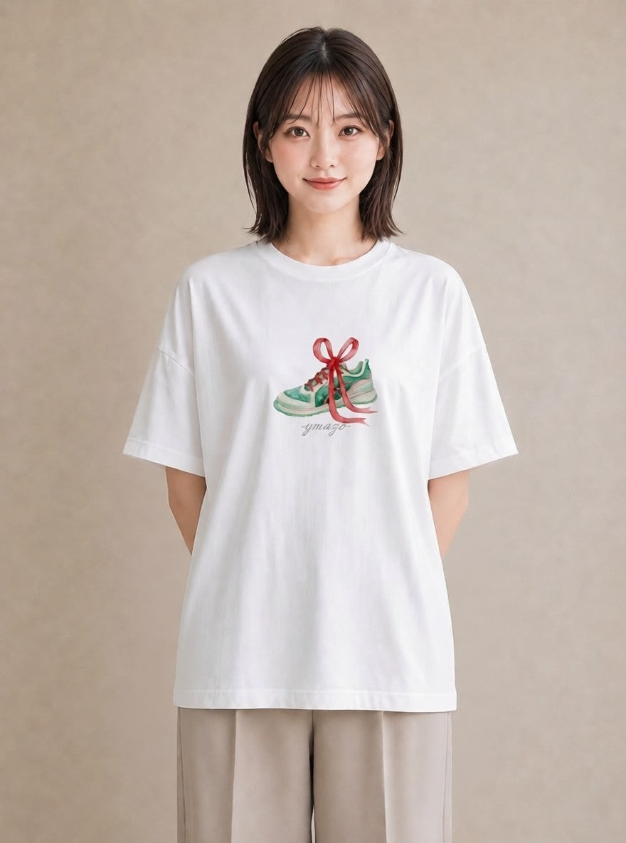 半袖Tシャツ レディース バレエシューズ バレエ トウシューズ ナチュラル アンティーク イラスト ミニマル ホワイトデー 春服 白T YMAZO