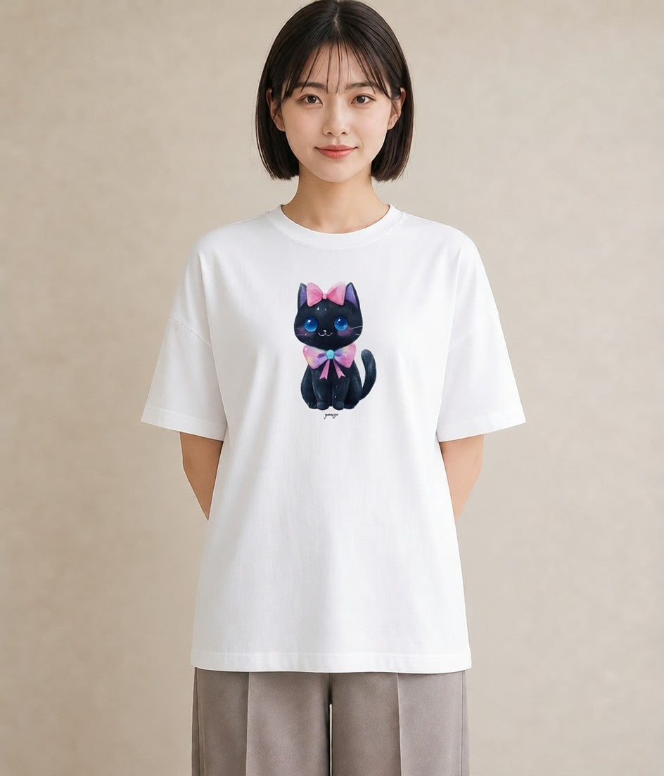 プリントTシャツ レディース 黒猫 猫 ねこ イラスト 線画 公園 ママ 白T YMAZO