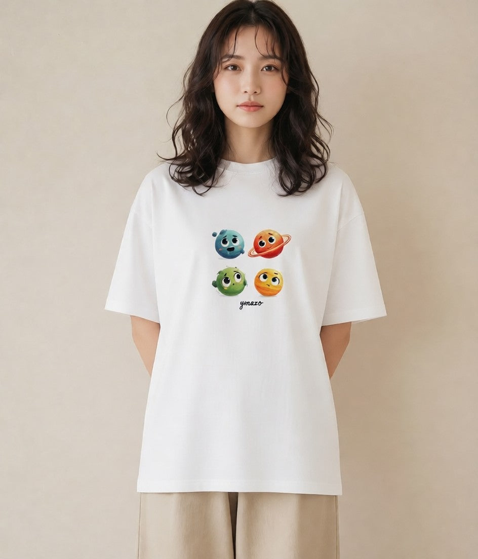 プリントTシャツ レディース 土星 星空 宇宙 イラスト 抜け感 春コーデ 姉妹 白T YMAZO