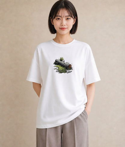 Tシャツ レディース 小川 橋 せせらぎ ナチュラル アンティーク イラスト 普段使い 公園 ママ 白T YMAZO