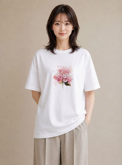 プリントTシャツ レディース あじさい 紫陽花 アジサイ 花 花柄 イラスト ラフ 秋コーデ おしゃれギフト 白T