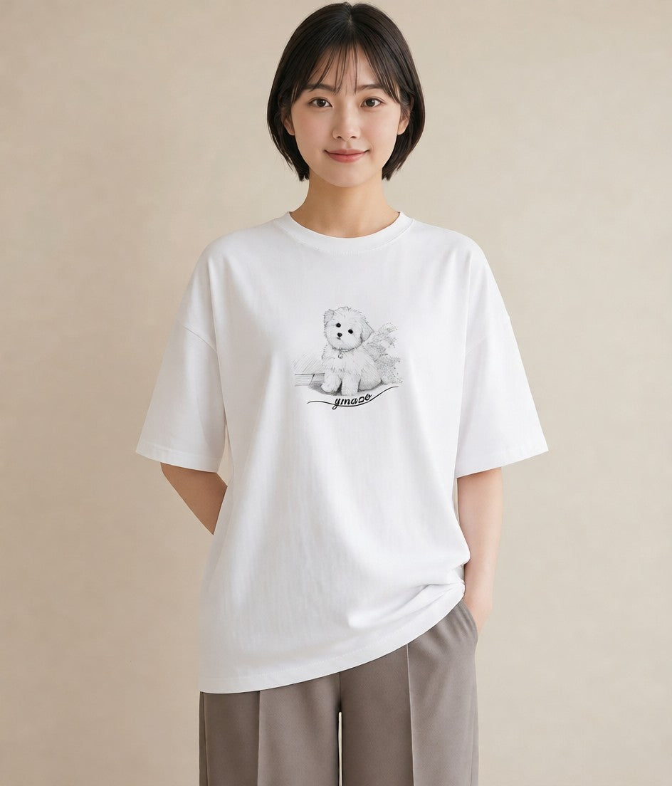 グラフィックTシャツ レディース マルチーズ 犬 いぬ イラスト レトロ デート 帰省 白T YMAZO