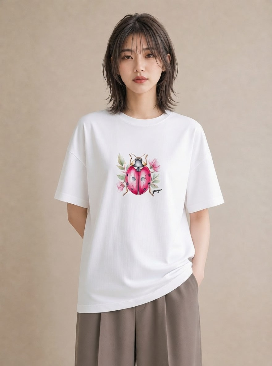 半袖Tシャツ レディース カブトムシ 昆虫 虫 イラスト 韓国風 休日 ペアコーデ 白T YMAZO