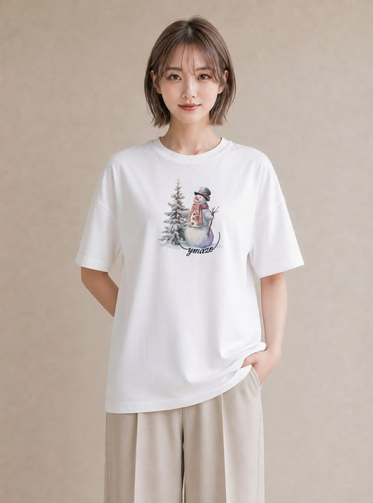 半袖Tシャツ レディース 雪 星空 宇宙 イラスト 個性的 ペアコーデ 秋コーデ 白T YMAZO