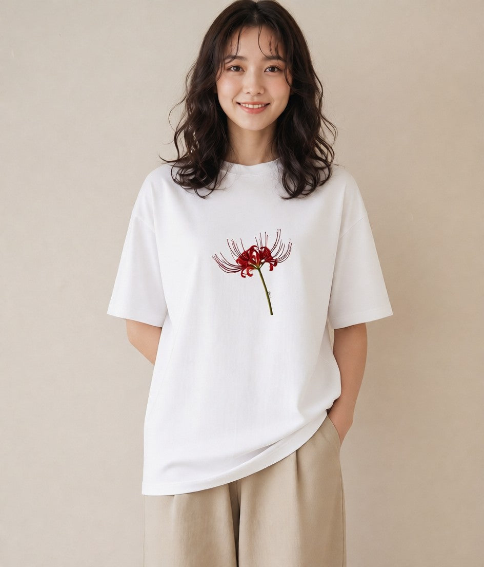 グラフィックTシャツ レディース 彼岸花 花 花柄 イラスト ヴィンテージ風 散歩 お出かけ 白T YMAZO