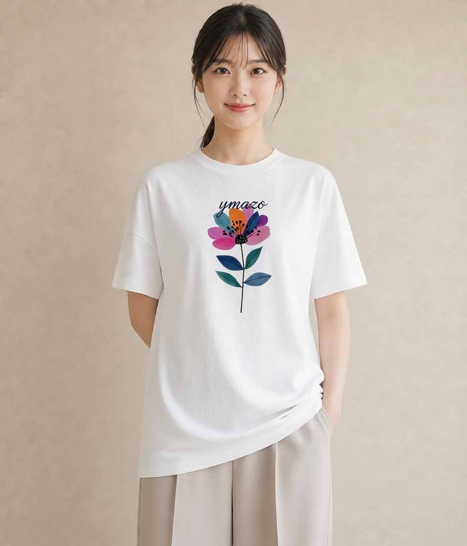 プリントTシャツ レディース パンジー 花 花柄 イラスト 韓国風 公園 ママ 白T