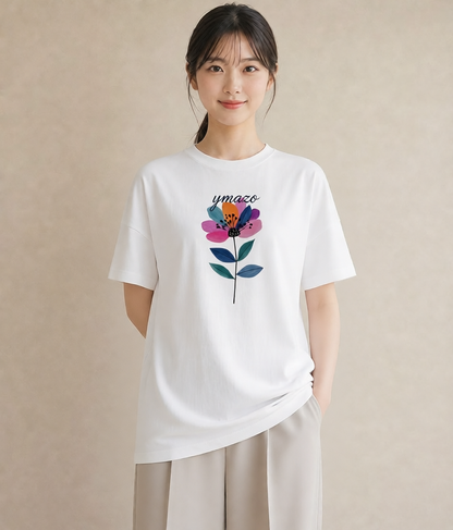 プリントTシャツ レディース パンジー 花 花柄 イラスト 韓国風 公園 ママ 白T
