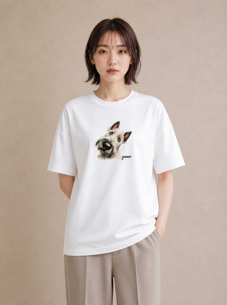 デザインTシャツ レディース ミニチュアシュナウザー 犬 いぬ イラスト 淡色 通勤 在宅 白T YMAZO