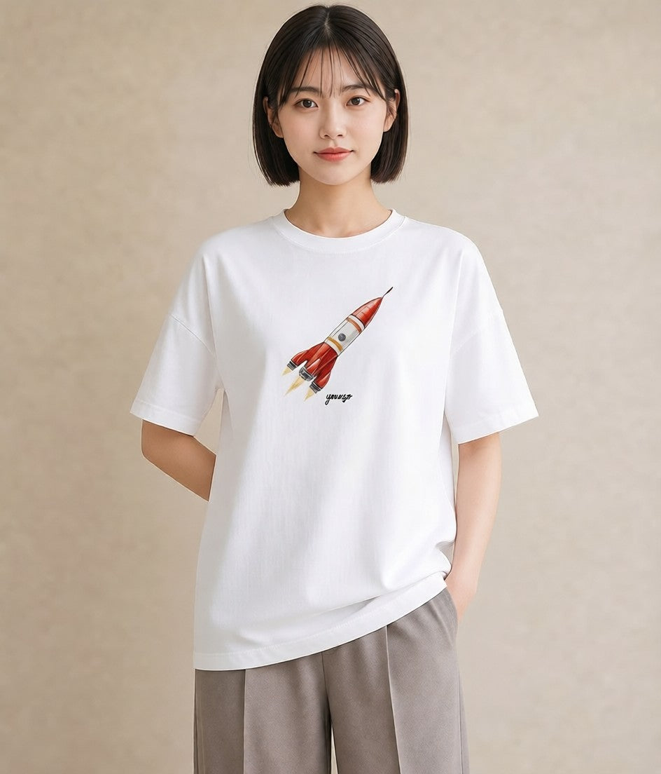 デザインTシャツ レディース ロケット 星空 宇宙 イラスト アート風 女子会 お揃い 白T YMAZO