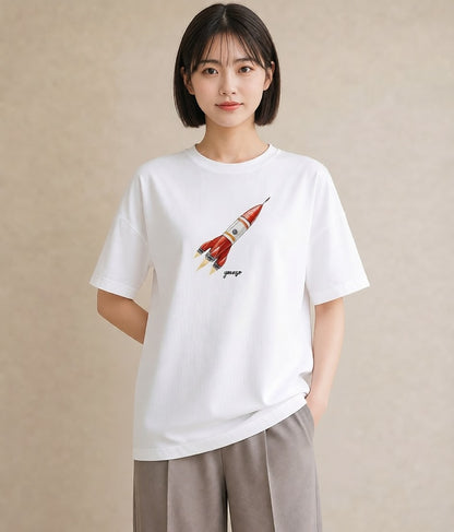 デザインTシャツ レディース ロケット 星空 宇宙 イラスト アート風 女子会 お揃い 白T YMAZO