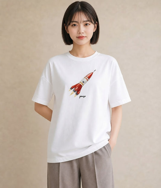 デザインTシャツ レディース ロケット 星空 宇宙 イラスト アート風 女子会 お揃い 白T YMAZO