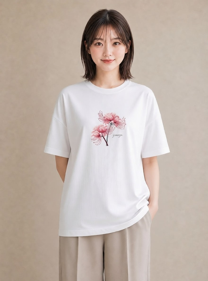 Tシャツ レディース 彼岸花 花 花柄 イラスト 送別ギフト 通勤 白T