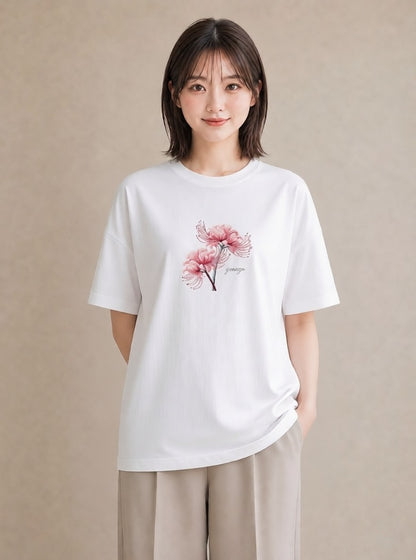Tシャツ レディース 彼岸花 花 花柄 イラスト 送別ギフト 通勤 白T