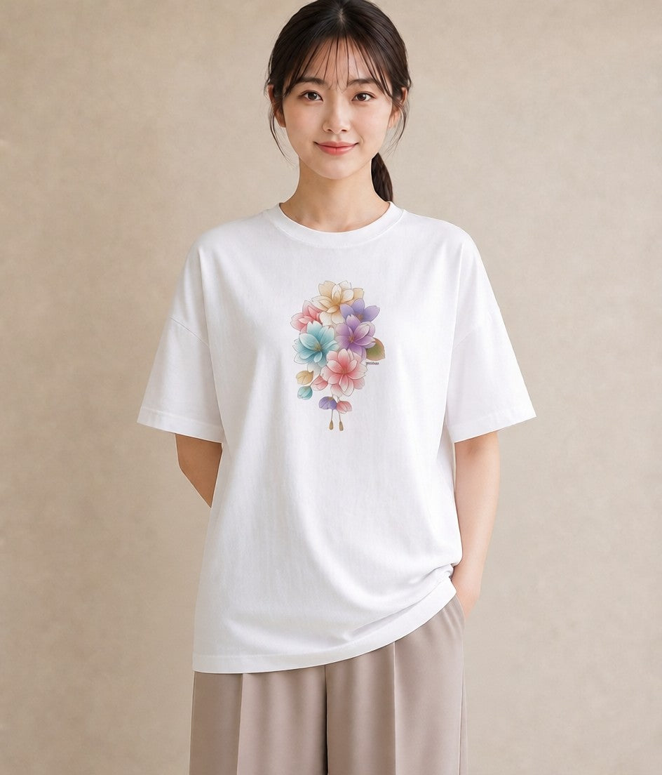 グラフィックTシャツ レディース 花 花柄 イラスト ガーリー 女性向けギフト 散歩 白T YMAZO
