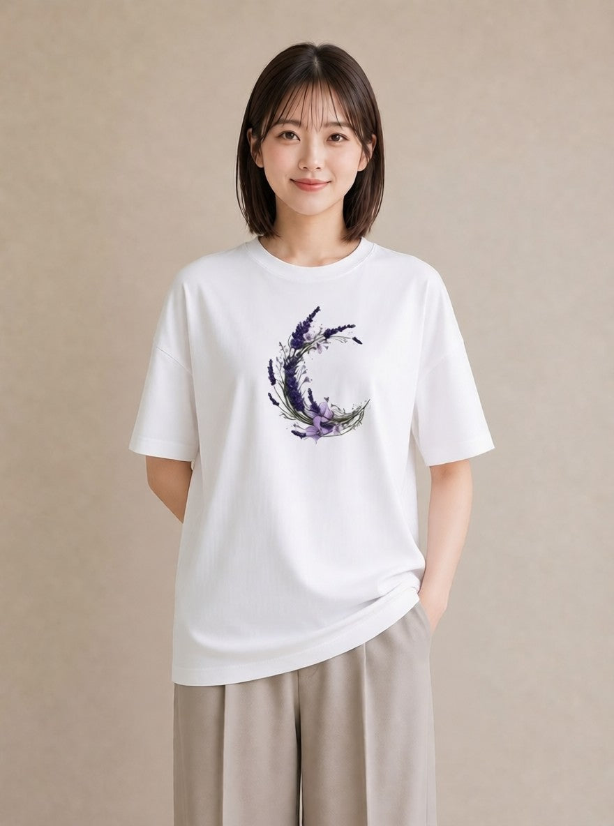 デザインTシャツ レディース ラベンダー 花 花柄 イラスト きれいめカジュアル ミセス 春コーデ 白T YMAZO