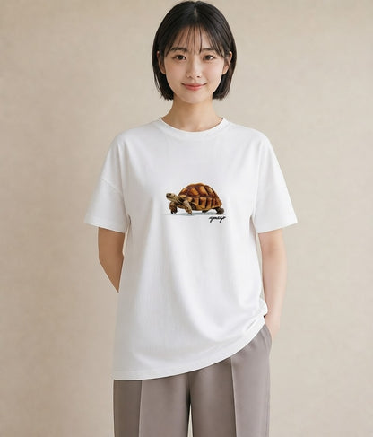 Tシャツ レディース ゼニガメ ペット 動物 イラスト レトロ ミセス 春コーデ 白T YMAZO