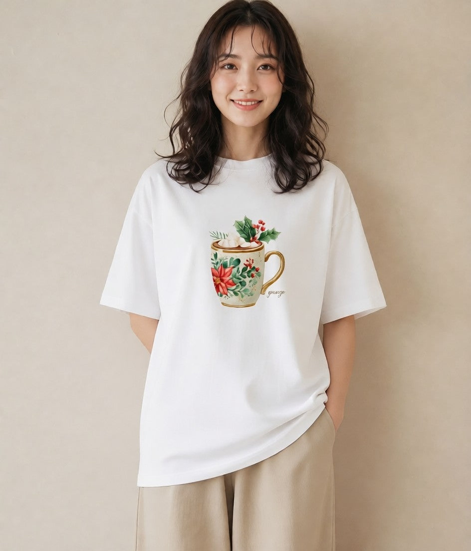 半袖Tシャツ レディース カフェラテ 食べ物 フード イラスト こなれ感 帰省 ラフ 白T YMAZO