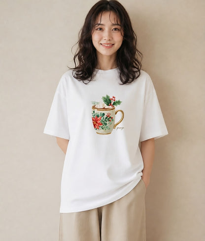 半袖Tシャツ レディース カフェラテ 食べ物 フード イラスト こなれ感 帰省 ラフ 白T YMAZO