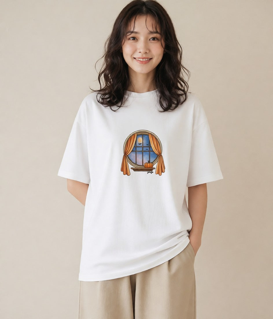 プリントTシャツ レディース 灯りの家 小屋 夜 ナチュラル アンティーク イラスト 休日コーデ クリスマス 旅行 白T YMAZO