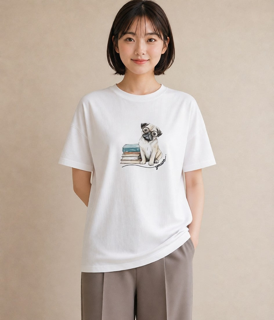 デザインTシャツ レディース パグ 犬 いぬ イラスト 韓国風 女子会 お揃い 白T YMAZO